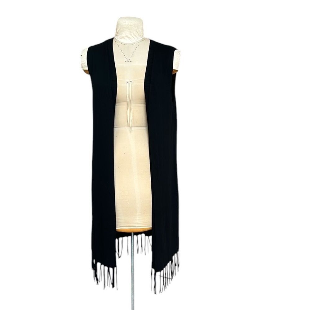 CYRUS Duster Cardigan Sleeveless Fringe Long Black Open‎ Front Women’s L